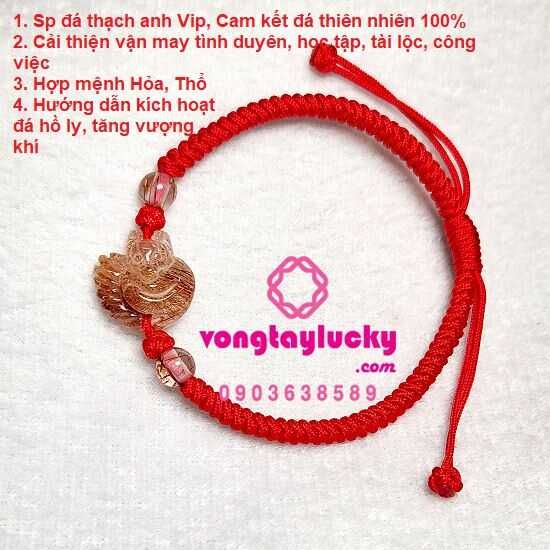 Vòng tay thạch anh tóc đỏ hồ ly Vip 2x1.6cm và 2 bi tóc đỏ 6li tết dây đỏ tay nữ