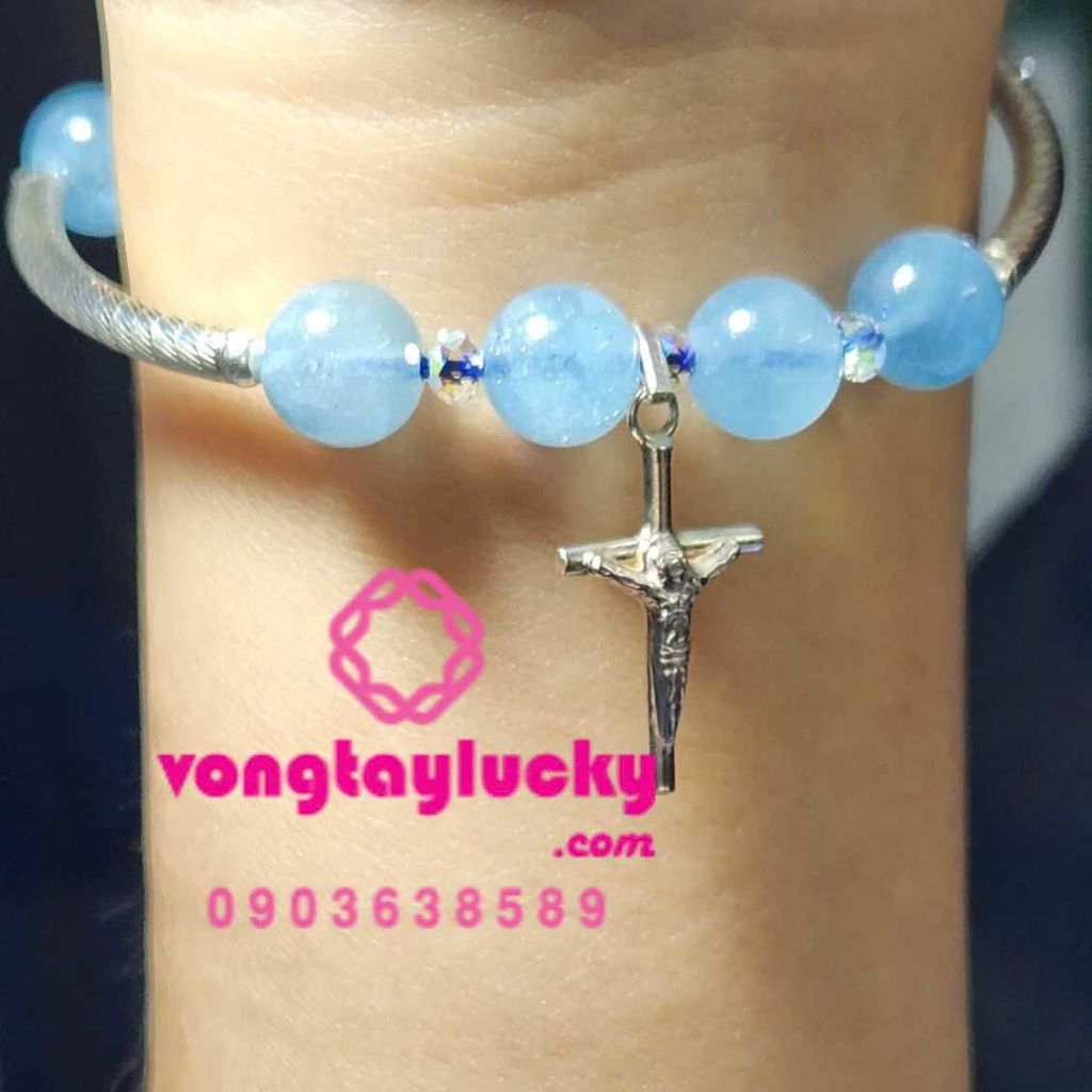 chuỗi hạt mân côi, 15 lời nguyện của đức mẹ maria, chuỗi mân côi đá aquamarine, chuỗi mân côi màu xanh biển, vòng tay công giáo, vòng tay mệnh thủy, Catholic bracelates, chuỗi hạt mân côi đeo tay