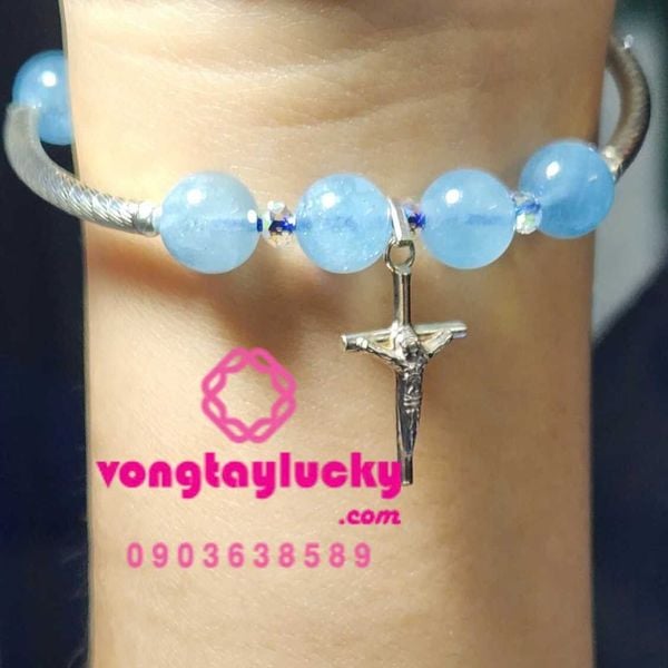 Chuỗi mân côi Aquamarine 9 li xen pha lê và thánh giá pha lê Áo độc đáo