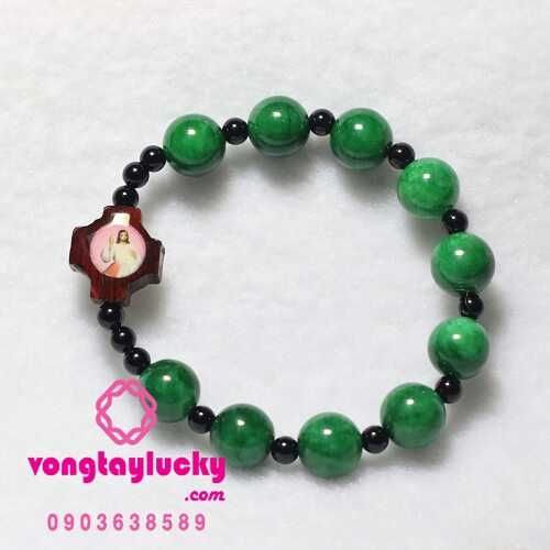 Chuỗi hạt mân côi ngọc cẩm thạch sơn thủy 10li thánh giá gỗ 2 mặt mệnh MỘC và HỎA