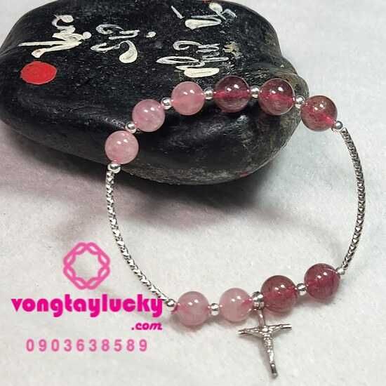 lắc tay, lắc tay mân côi, vòng tay công giáo, chuỗi mân côi đá thạch anh, thạch anh dâu tây, vòng tay phong thủy, vòng tay nữ, chuỗi mân côi mệnh hỏa
