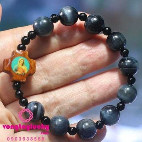 chuỗi mân côi đá mắt hổ, đá mắt hổ xanh dương đen, tràng hạt man côi, vòng tay công giáo, vòng tay phong thủy, chuỗi hạt mân côi, chuỗi mân côi mệnh thủy