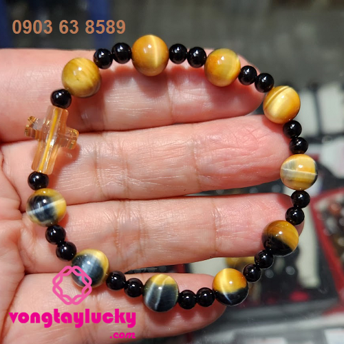 Vòng tay đá mắt hổ 3 màu Phước Lộc thọ vàng loại đẹp, đá thiên nhiên chất lượng cao 10li: