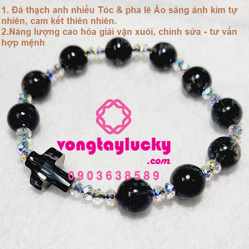 Chuỗi mân côi thạch anh tóc đen tự nhiên 9li Vip xen pha lê và thánh giá Áo