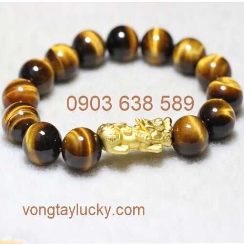 Vòng tay đá mắt hổ 12 li hạng A1 mix tỳ hưu bạc thật xi vàng hợp mệnh Thổ, Kim