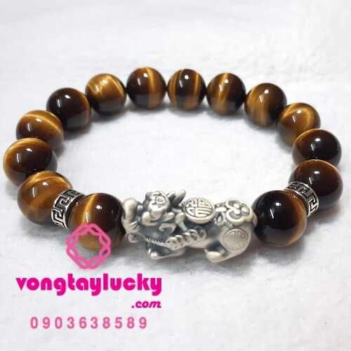 Vòng tay đá mắt hổ 12 li hạng A1 (chất lượng 5A) mix tỳ hưu và 2 charm bạc Thái 925