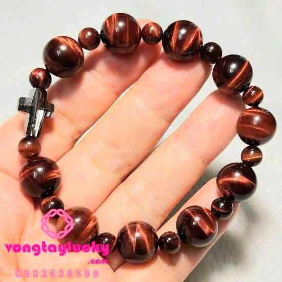 vòng tay đá mắt hổ, đá mắt hổ nâu đỏ, chuỗi mân côi đá mắt hổ 12li, vòng tay nam