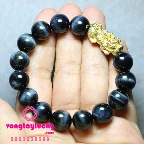 Vòng tay đá mắt hổ xanh đen 12li 3A mix Tỳ hưu bạc Thái