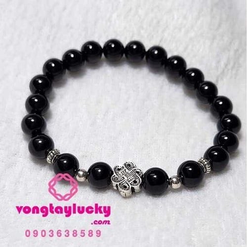 Vòng tay may mắn mã não đen huyền diệu 8li mix bạc Thái 925 nút thắt cát tường.