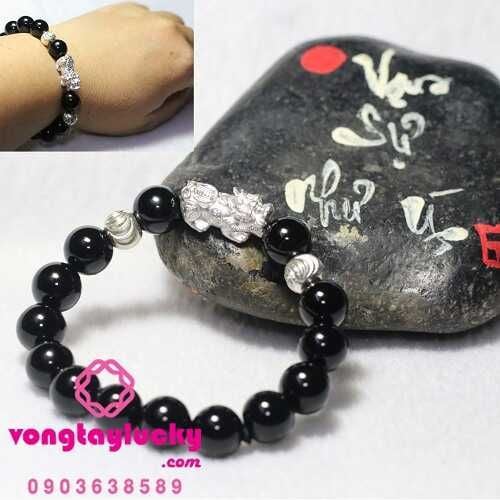 Vòng tay 10li đá mã não đen Tỳ hưu bạc Thái mix 2 bi bạc Thái hợp mệnh Thủy và mộc