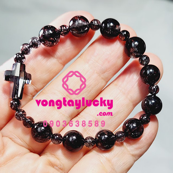 vòng tay nữ, chuỗi mân côi thạch anh tóc đen, tràng hạt mân côi, vòng tay công giáo, trang sức công giáo, chuỗi mân côi mệnh thủy, kinh mân côi