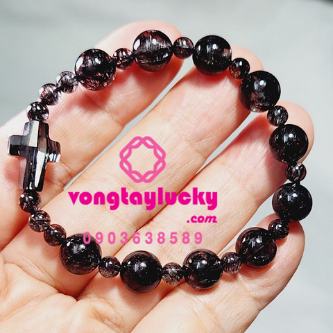vòng tay nữ, chuỗi mân côi thạch anh tóc đen, tràng hạt mân côi, vòng tay công giáo, trang sức công giáo, chuỗi mân côi mệnh thủy, kinh mân côi