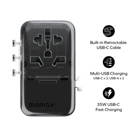 Momax UA21 – Bộ sạc du lịch 4 cổng Momax 1-World+ Flow có cáp USB-C tích hợp 35W