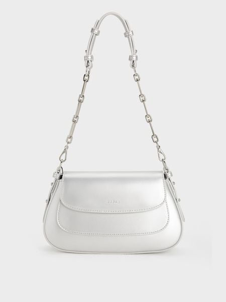 Túi Đeo Vai Hobo Nắp Gập Chain Handle Size 23 - Bạc