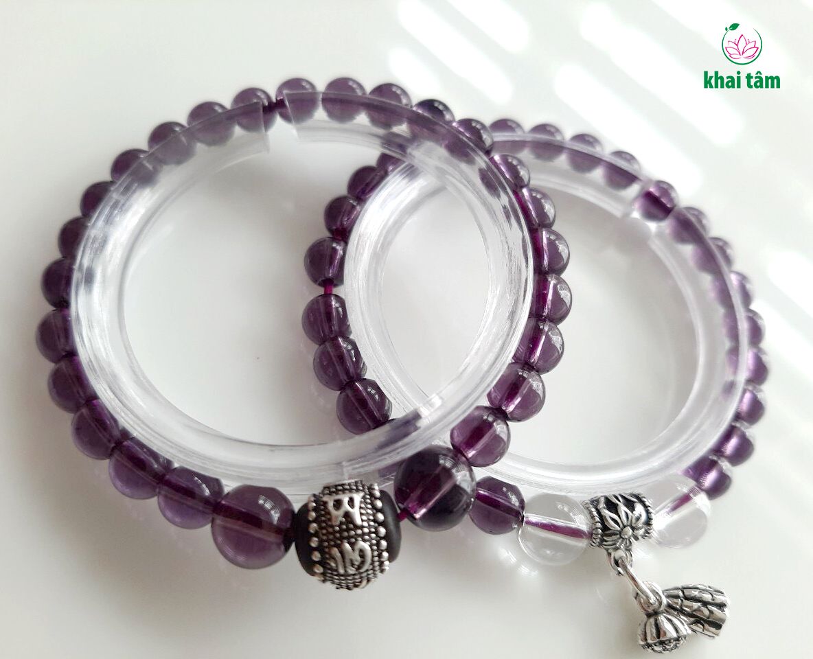  Vòng tay đá thạch anh tím (Charm bạc Tây Tạng - 1 cặp) - TN18 