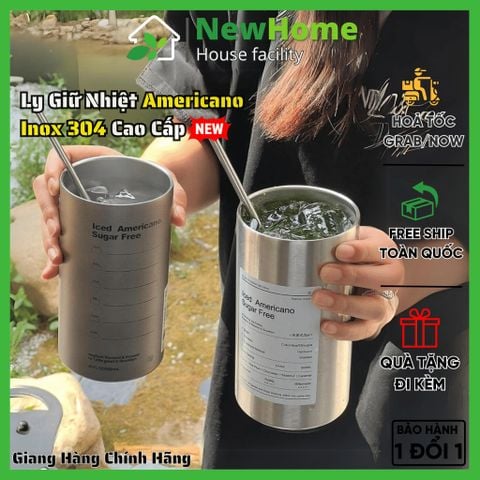 Ly Giữ Nhiệt Americano Inox 304 Cao Cấp Không Gỉ 600ml - Tặng ống Hút Siêu Tiện Lợi Hàng Nhập Khẩu