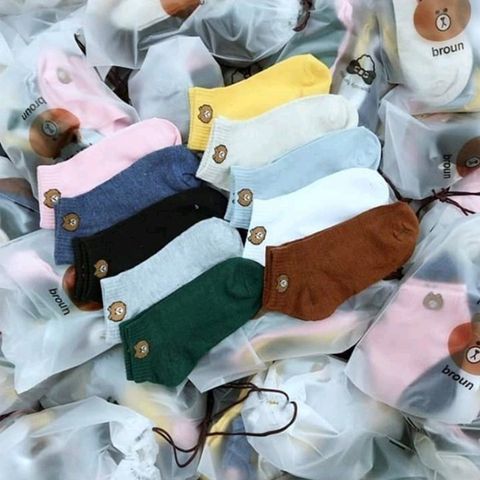 Set 10 Đôi Tất Vớ Nữ Cổ Ngắn Nhiều Màu Hình Gấu Kute Tặng Kèm Túi Rút Tiện Lợi.