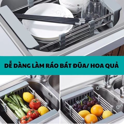 Kệ Rổ Inox Gác Bồn Rửa Chén Bát Đa Năng Chất Liệu Inox 304 Không Gỉ Có Thể Điều Chỉnh Kích Thước.