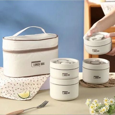 Set Hộp Cơm Giữ Nhiệt Văn Phòng Nhiều Tầng - Lòng Inox 304 Cao Cấp Kèm Túi Đựng Giữ Nhiệt.