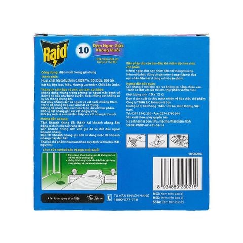 Hộp Nhang Muỗi Raid Hương Lavender, Tiêu Diệt Muỗi và Côn Trùng Hiệu Quả.