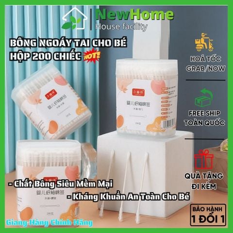Bông Ngoáy Tai Cho Bé Hộp 200 Chiếc Chất Bông Siêu Mềm Mại 2 Đầu Cao Cấp Kháng Khuẩn An Toàn Cho Bé
