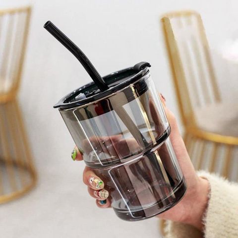 Ly Thủy Tinh Gorgous 450ml - Có Nắp và Ống Hút Tặng Kèm Quai Da Cực Đẹp