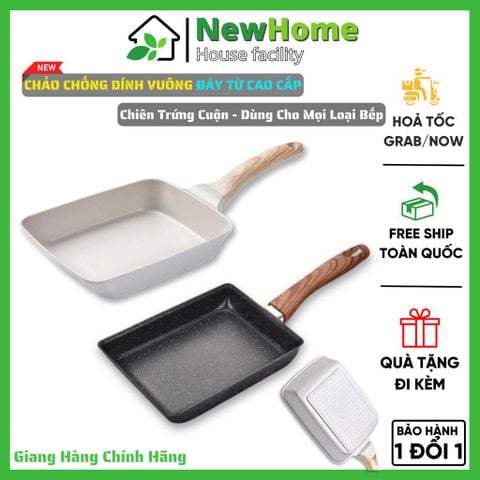 Chảo Chống Dính Vuông Đáy Từ Cán Gỗ Cao Cấp Chiên Trứng Cuộn Dùng Cho Mọi Loại Bếp.