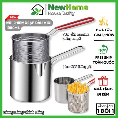 Nồi Chiên Ngập Dầu Mini Kèm Rổ Chiên Lọc Dầu Inox 2in1 Chống Rỉ - Nấu Được Bếp Từ 1200ml.