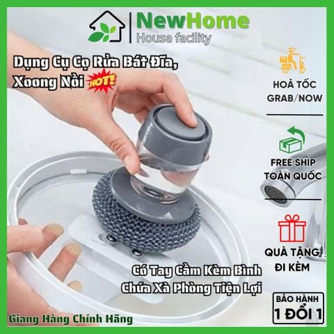 Dụng Cụ Cọ Rửa Xoong Nồi, Rửa Bát Đĩa Có Tay Cầm Kèm Bình Chứa Xà Phòng Tiện Lợi