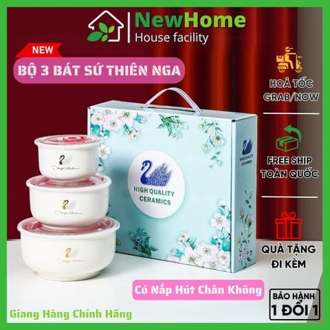 Bộ 3 Bát Sứ Thiên Nga Có Nắp Hút Chân Không đựng Thực Phẩm Nhiều Kích Cỡ