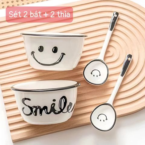 Bộ 2 Bát Sứ Kèm 2 Thìa Mặt Cười, Bát Heo Hồng, Bát Cún, Bát Mèo Hàng Loại 1 Siêu Đẹp.