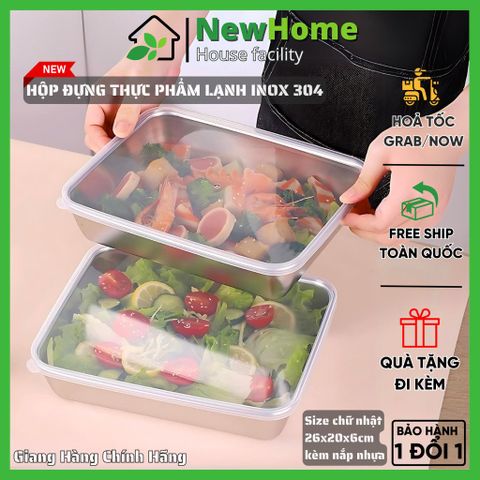 Hộp Đựng Thực Phẩm Lạnh, Hộp Inox 304 Chữ Nhật Cỡ Lớn Kèm Nắp Nhựa Cao Cấp.