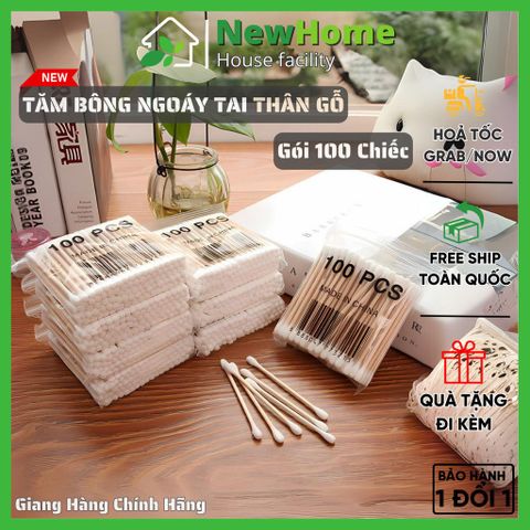 Gói 100 Chiếc Tăm Bông Ngoáy Tai Thân Gỗ, Bông Ngoáy Tai Hai Đầu Đa Năng An Toàn Vệ Sinh.
