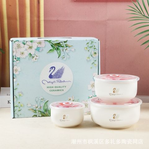 Bộ 3 Bát Sứ Thiên Nga Có Nắp Hút Chân Không đựng Thực Phẩm Nhiều Kích Cỡ