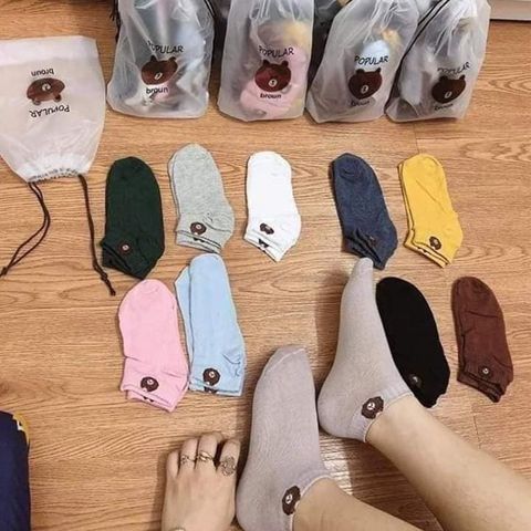 Set 10 Đôi Tất Vớ Nữ Cổ Ngắn Nhiều Màu Hình Gấu Kute Tặng Kèm Túi Rút Tiện Lợi.