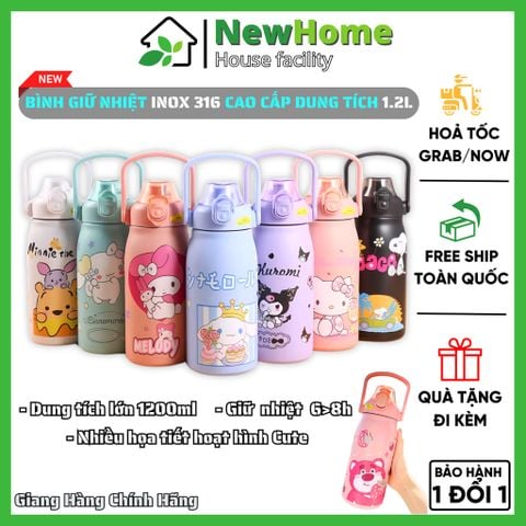 Bình Giữ Nhiệt 1200ml Hoạt Hình Dễ Thương Chất Liệu Inox 316 Chống Gỉ Kèm Quai Xách Tiện Lợi.