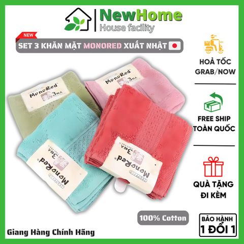 Set 3 Khăn Mặt Monored Xuất Nhật Chất Liệu Cotton Cao Cấp Mềm Mịn.