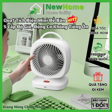 Quạt Tích Điện Mini Để Bàn 5 Cấp Độ Gió, Động Cơ Không Tiếng Ồn 2000mah Tiện Lợi Nhỏ Gọn Siêu Mát