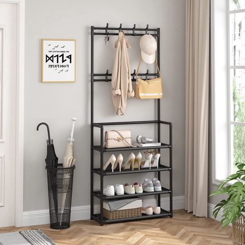Kệ Để Giày Đa Năng, Kệ Giày Dép 4 Tầng Kết Hợp 8 Móc Treo Đồ Treo Nón Bảo Hiểm Tiện Dụng