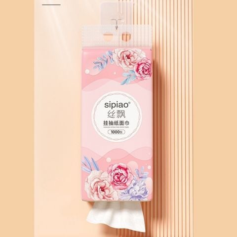 Khăn Rút Treo Tường SIPIAO Hoa Hồng Bịch 1000 Tờ - 4 Lớp Dai Mềm Từ Bột Tre