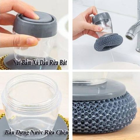 Dụng Cụ Cọ Rửa Xoong Nồi, Rửa Bát Đĩa Có Tay Cầm Kèm Bình Chứa Xà Phòng Tiện Lợi