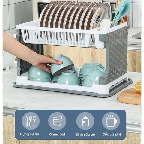 Giá Để Chén Đĩa 2 Tầng, Kệ Để Bát Có Khay Ráo Nước Tiện Lợi Nhựa Cao Cấp.