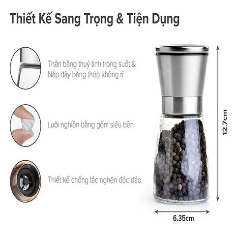 Dụng Cụ Xay Tiêu Cầm Tay Thủy Tinh Đa Năng Thân Máy Inox Lưỡi Xay Gốm Cao Cấp.