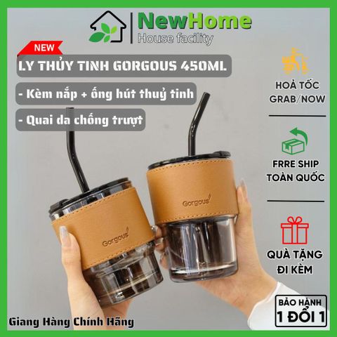 Ly Thủy Tinh Gorgous 450ml - Có Nắp và Ống Hút Tặng Kèm Quai Da Cực Đẹp