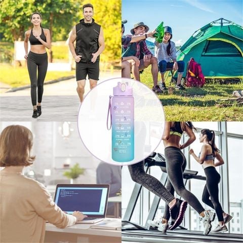 Bình Nước 900ML Hottrend Có Vạch Nhắc Nhở Uống Nước Tặng Kèm Ống Hút, Quai Sách và Sticker Dán.