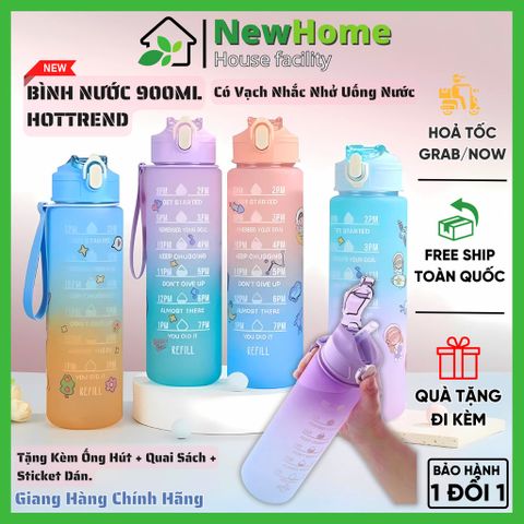 Bình Nước 900ML Hottrend Có Vạch Nhắc Nhở Uống Nước Tặng Kèm Ống Hút, Quai Sách và Sticker Dán.