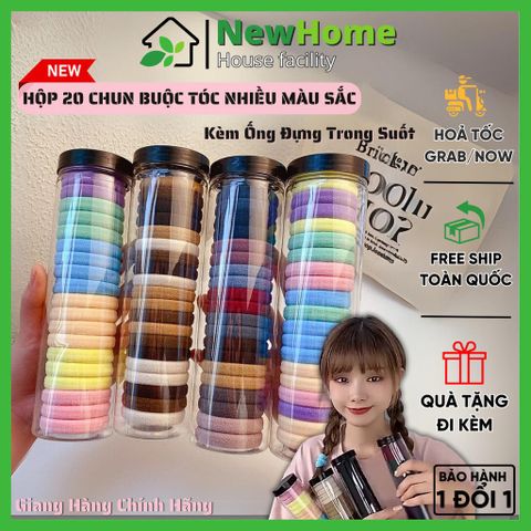 Hộp 20 Chun Buộc Tóc Nhiều Màu Sắc, Dây Buộc Tóc Trơn Kèm Ống Đựng Trong Suốt