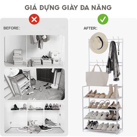 Kệ Để Giày Đa Năng, Kệ Giày Dép 4 Tầng Kết Hợp 8 Móc Treo Đồ Treo Nón Bảo Hiểm Tiện Dụng
