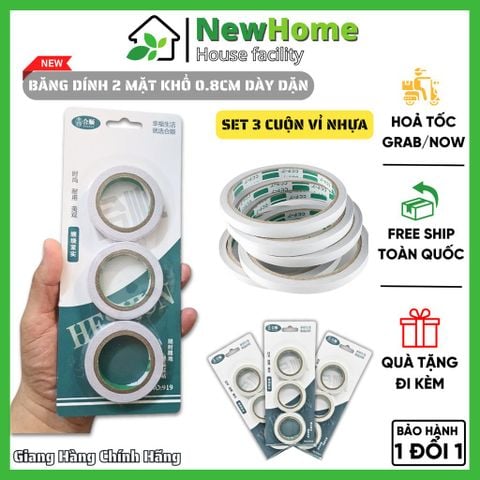 Băng Dính 2 Mặt Khổ 0.8cm Dày Dặn - Siêu Dính, Set 3 Cuộn Vỉ Nhựa.