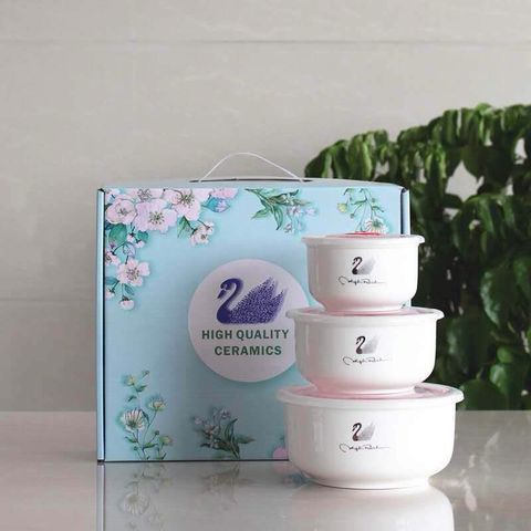 Bộ 3 Bát Sứ Thiên Nga Có Nắp Hút Chân Không đựng Thực Phẩm Nhiều Kích Cỡ